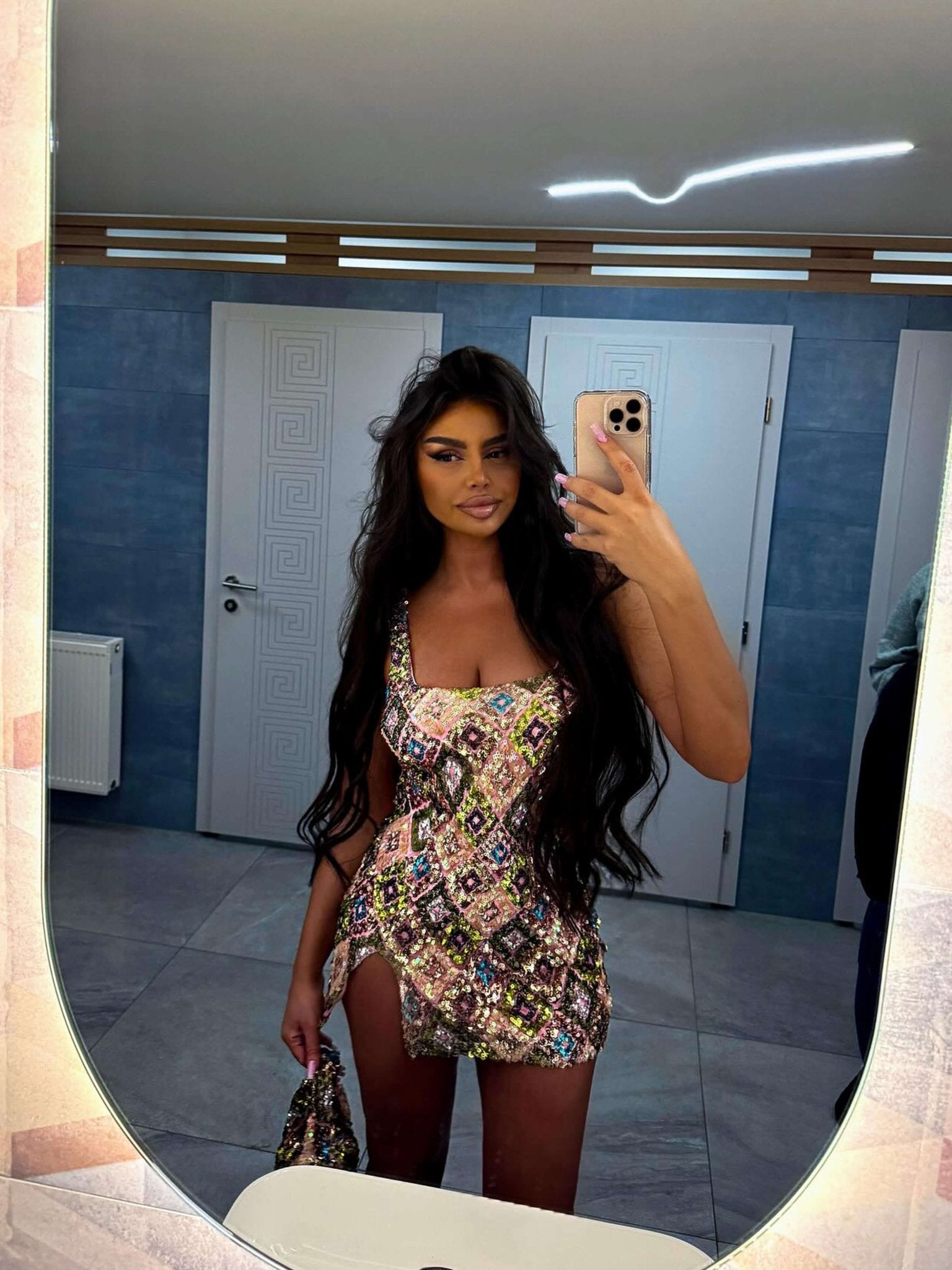 Seame - Mandy Sequin Mini Dress Pink Blue S