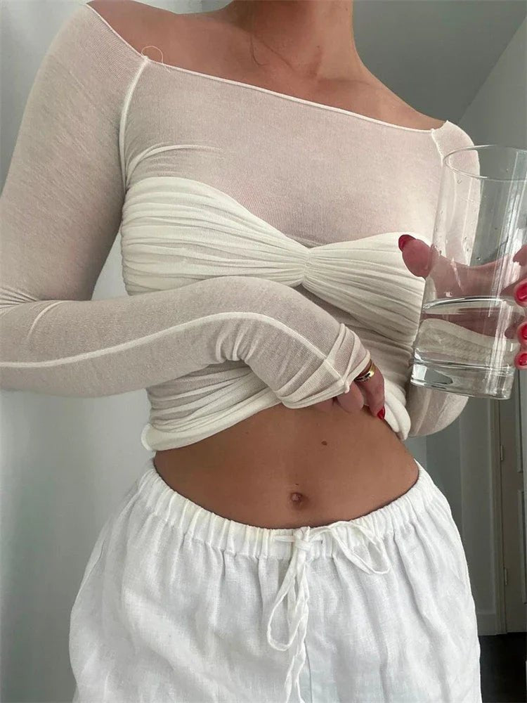 Seame - Sara Mesh Sheer Off - Shoulder Top white S